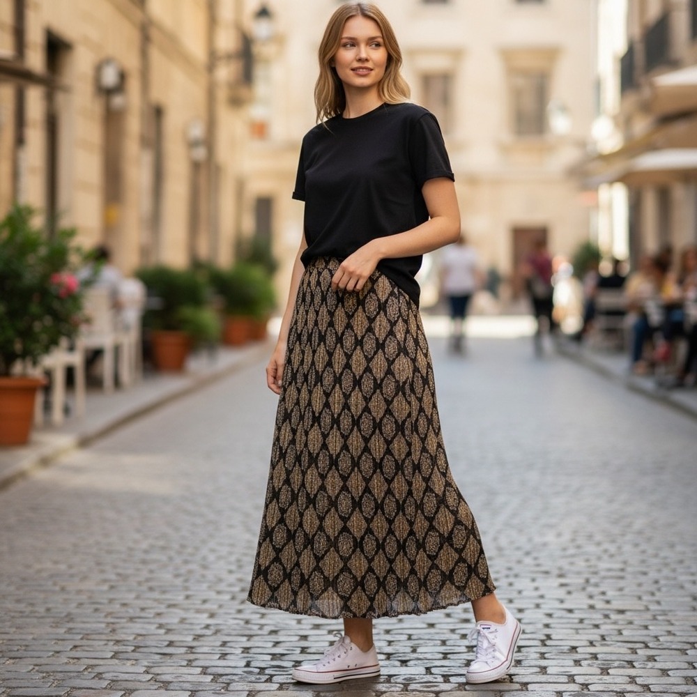 Lane Bryant Black Tan Geometric Diamond Pleated Maxi Skirt Elastic Waist Large